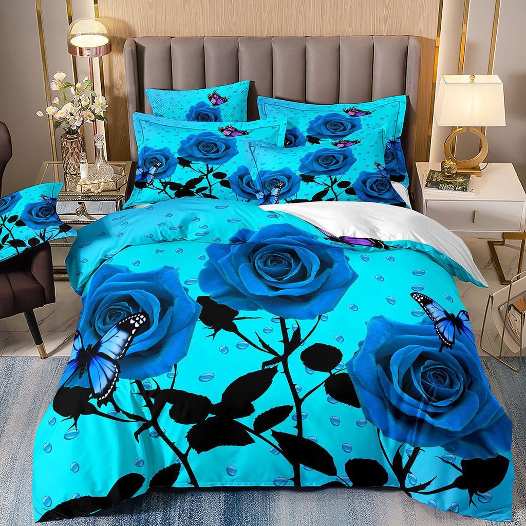 Three-Piece Rose Floral Style 3D Printed Quilt Cover Home Textile Bedding Kit