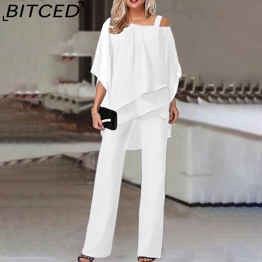 

BITCED Топ с рукавами летучая мышь и брюки женский повседневный с открытыми плечами асимметричный комплект для вечеринки элегантный комплект из двух предметов весна лето осень S белый