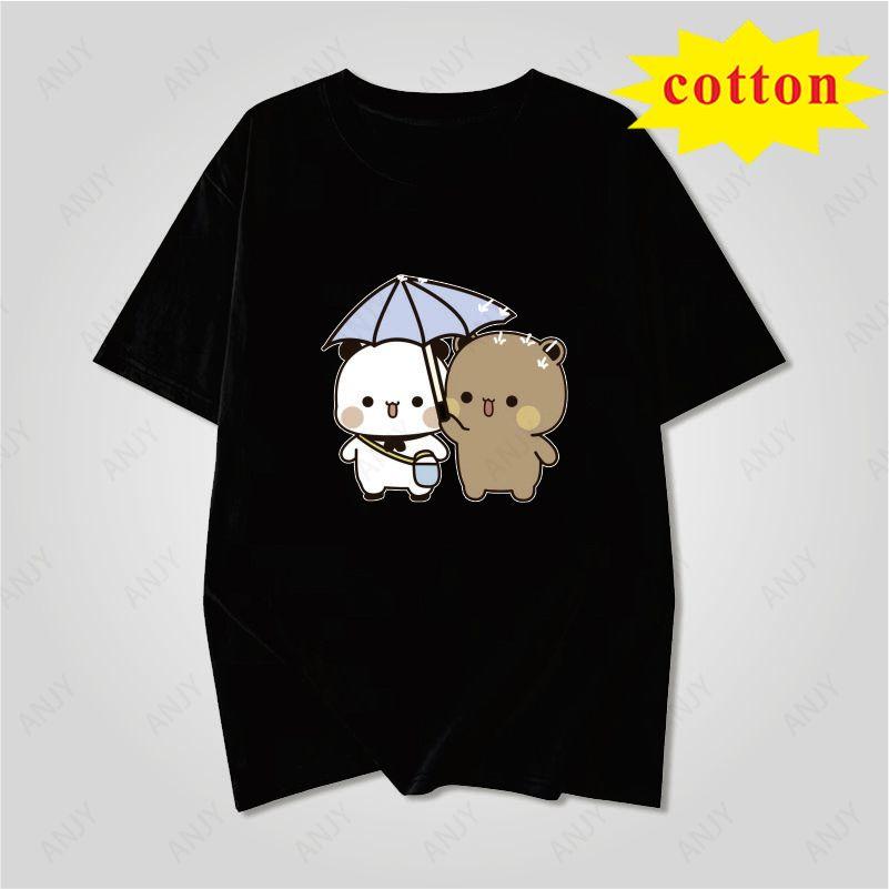 Japanese Soft Cute Animal Tshirt Cute Panda Bear Feeding Cat Pattern Loose Round Neck Top