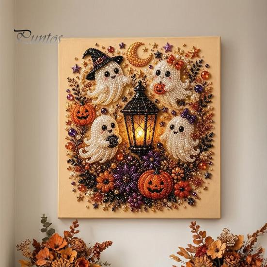 Festliche Kunst mit Kunstperlen für die Heimdekoration 2 Stück Halloween-Kunst, Geist Kürbis Hexe Krähe Malerei DIY Entspannendes Bastelset, 3D Schädel Basteln