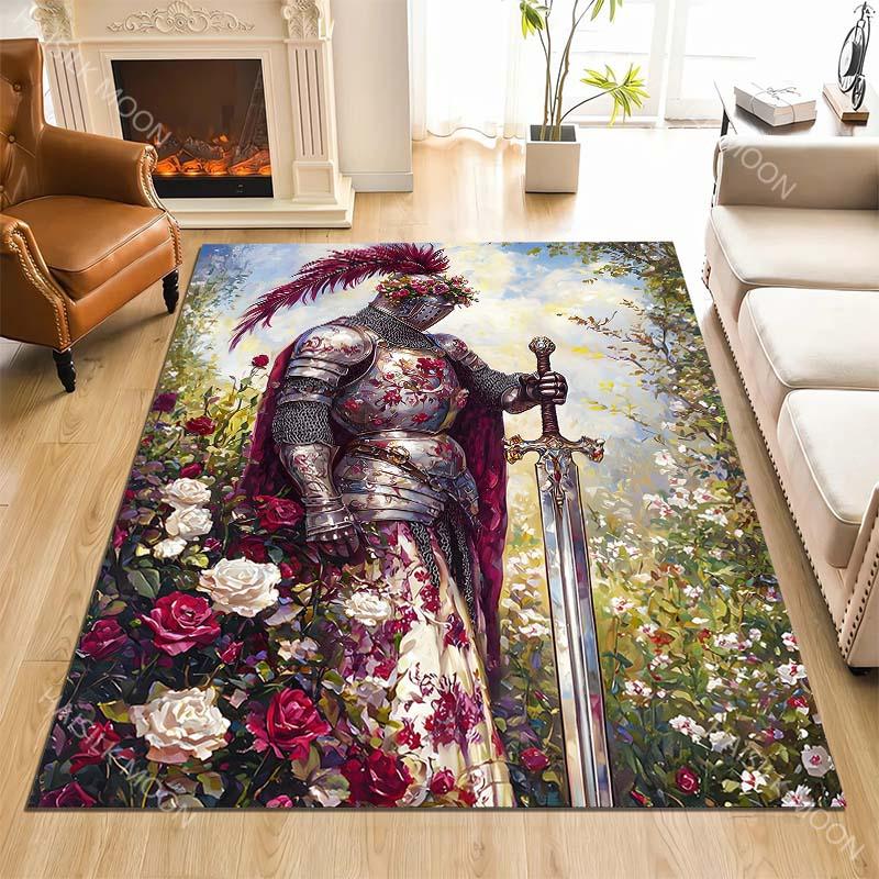 Knight, Armor, Sword, Roses Carpet for Living Room Bedroom Sofa Home Decor Rus Non-slip Floor Mat Luxury Gift Multiple Sizes