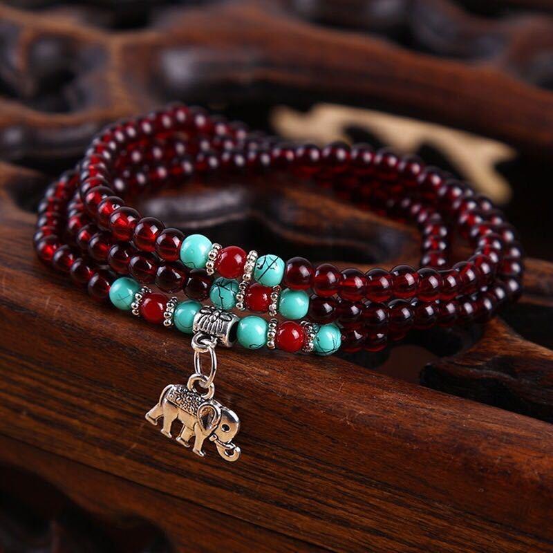Retro Elefant Charm Mehrlagiges 6mm Rote Granat Perlen Armband Edelstein Armband