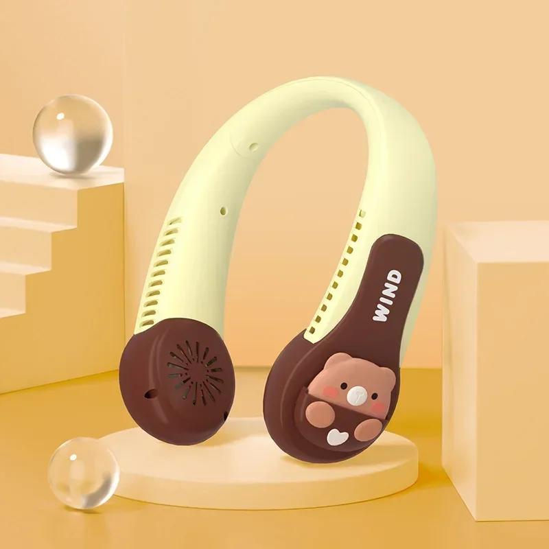 Cartoon Kids Neck Fan Bladeless Neck Fan for Kid Animal 1200mAh Portable Rechargeable Cooling Fan for Girls 3 Speeds Lightweight