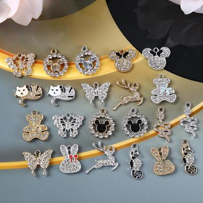 Handmade Rhinestone Alloy Jewelry: Butterfly, Flower, Rabbit, Bear Buttons & Pendants
