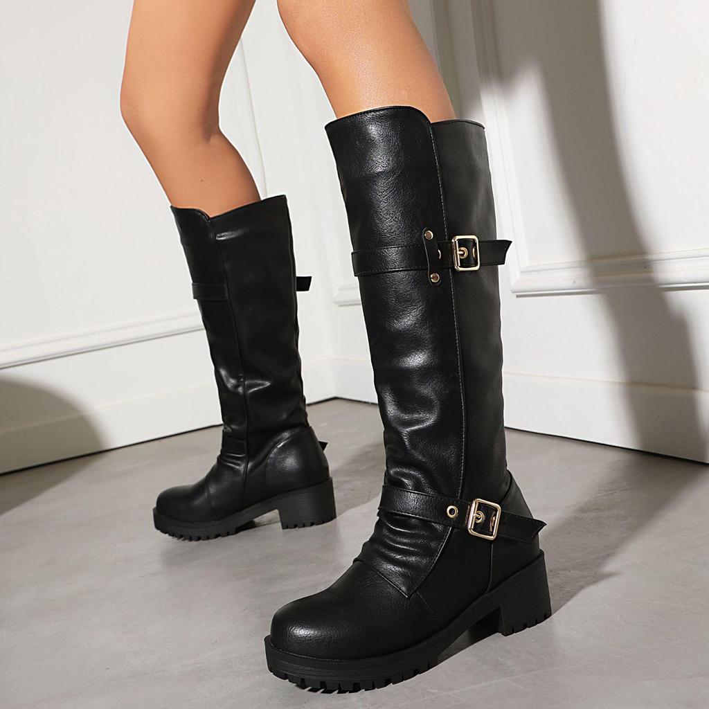 Women's Mid-Calf Buckle Strap Boots, Mid-Heel, Round-Toe, Thick Sole, Plus Size 35-45, Autumn/Winter 2026