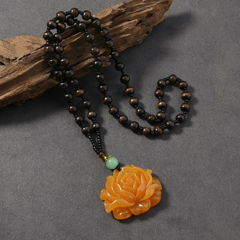 Wood Bead Beeswax Necklace No Matter Brand Pixiu Pendant Chicken Oil Yellow Amber Men's and Women's Long Sweater Chain Pendant