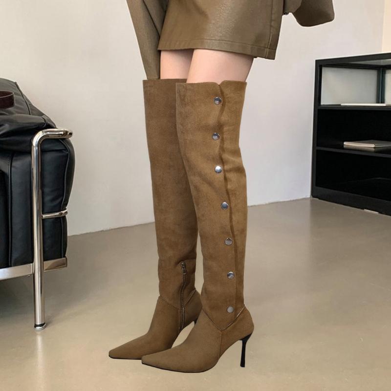 Suede Stack Boots Fall Winter 2026 French Pointed Toe Stiletto Heel High Heel Over The Knee Boots for Women 35