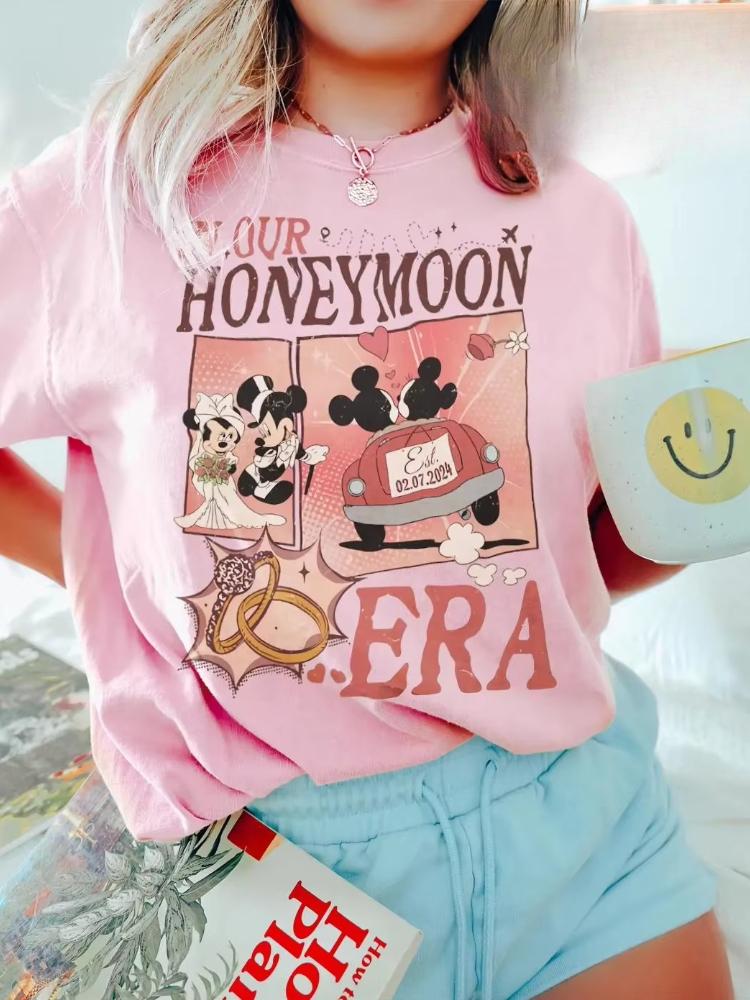 

2026 Honeymoon Mickey and Minnie Print Smart Casual Womens TShirt Short Sleeve O Neck Casual Loose Plus Size Top S