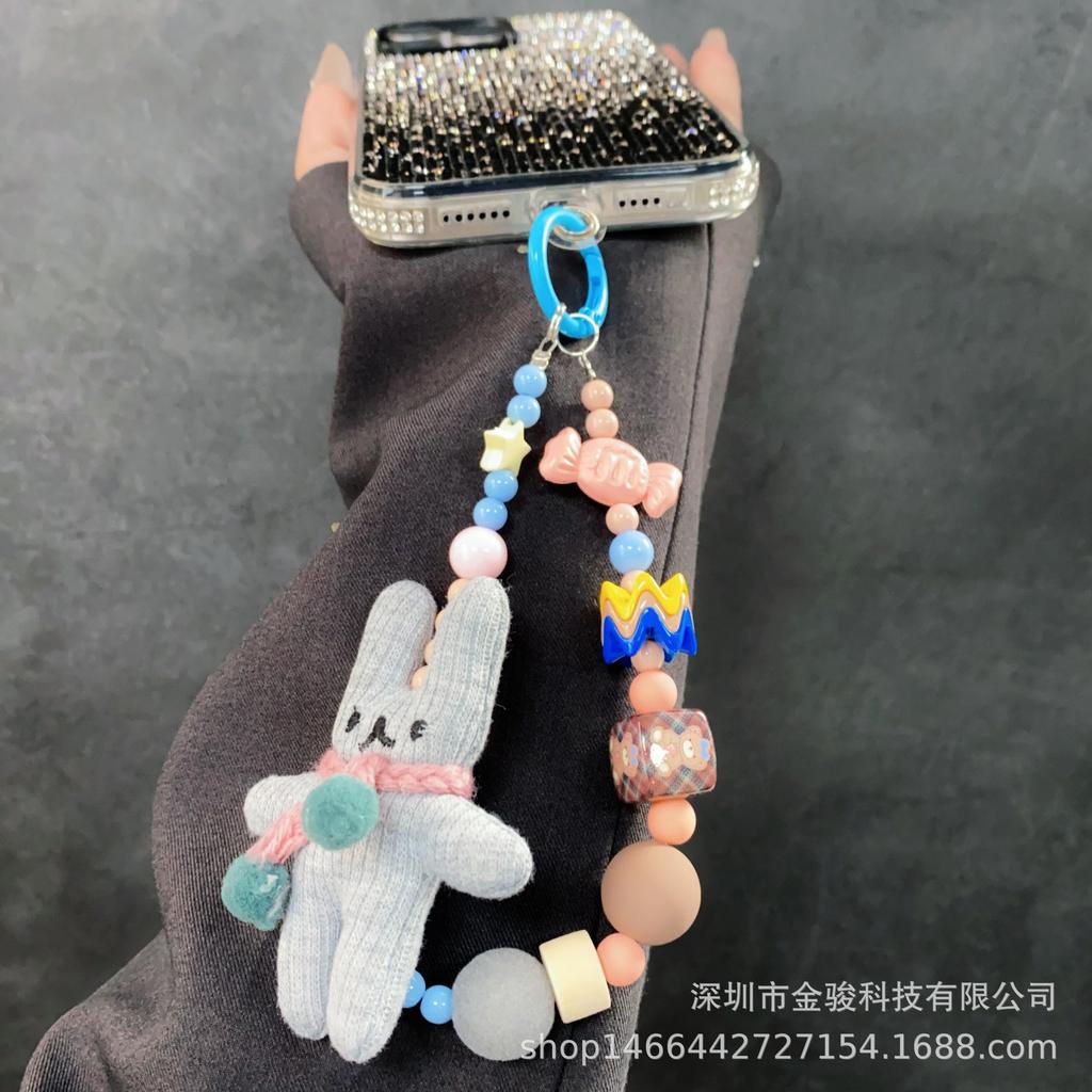 Cute Cartoon Rabbit Plush Phone Chain Handmade Beaded 3D Candy Phone Case Strap Adorable Keychain Pendant