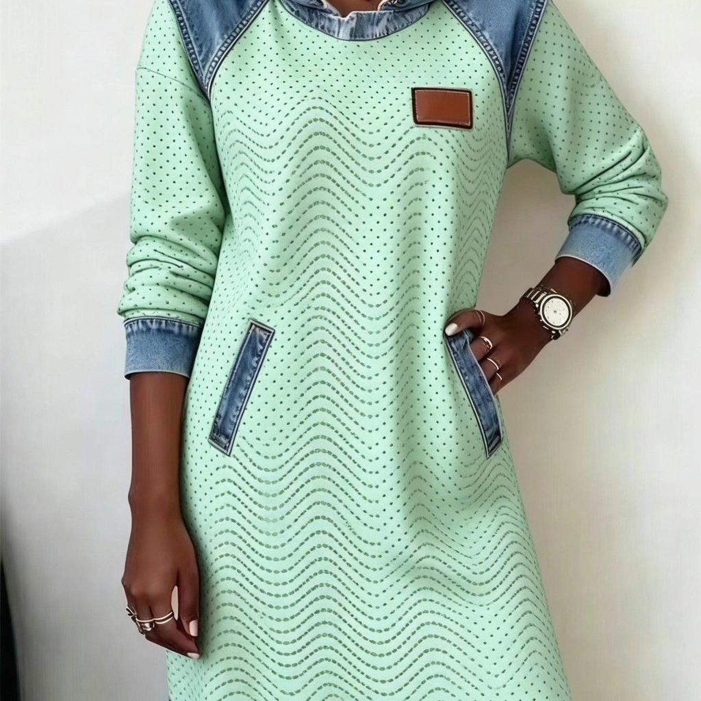 Elegant Women's Retro Print Denim Hoodie Dress - Soft, Comfortable Patchwork Design