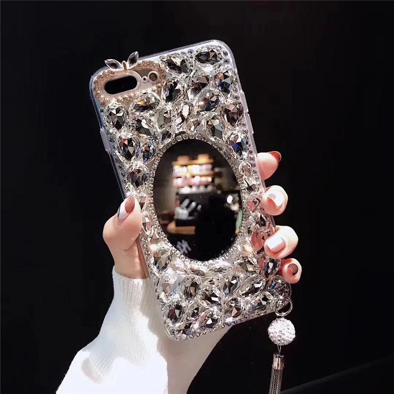 Luxury Full Diamond Suitable for Apple 17ProMax Mobile Phone Case Makeup Mirror 16 Flash Diamond Tassel 15 Premium 14 Protective Case