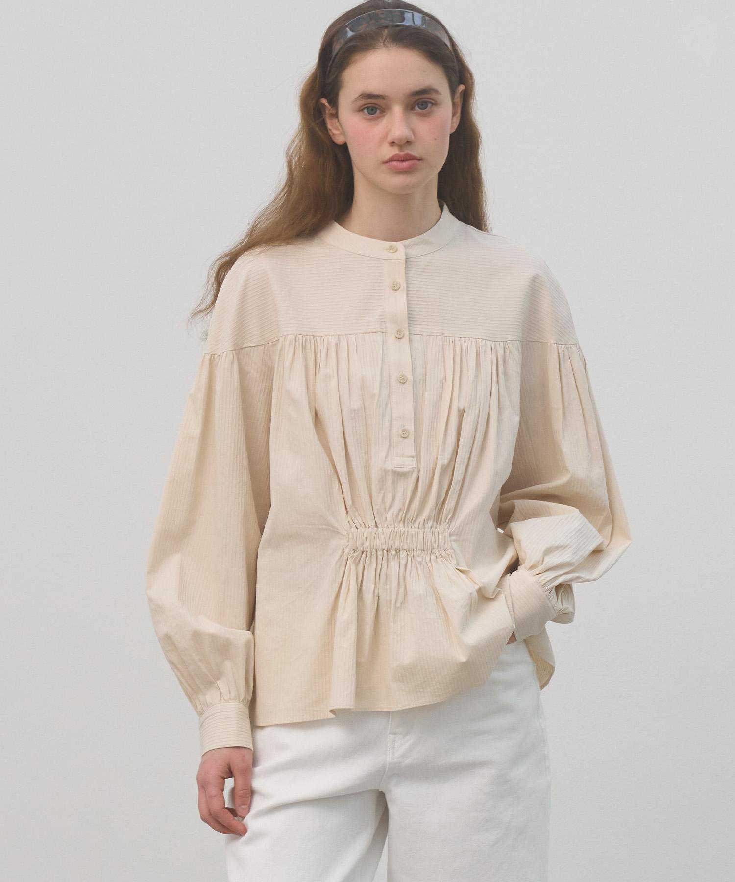 Soire Band Pointed Shirring Blouse - Beige Beige/Free
