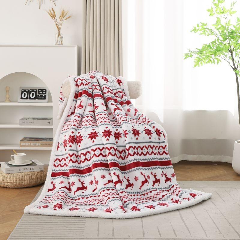 Plush Double Blanket With Christmas Snowflake Elk Printing Design Daily For