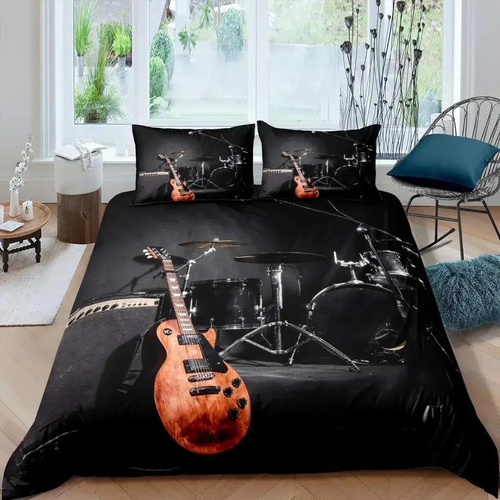 3Pcs Music Bedding Set Piano Keyboard Music Note Duvet Cover Queen Size Bed Linen Guitar Polyester Bedding Sets