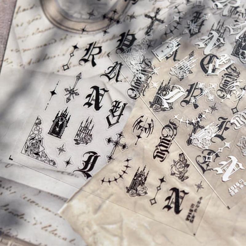 1 Sheet European Letter Nail Decor Sticker 3D Dark Gothic Impression Self Adhesive Nail Art Decals Thin And Tough Nail Stickers