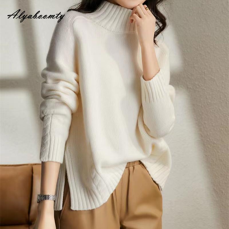 Korean Fashion Herbst Winter Frauen Casual Lose Pullover Halb Hohen Kragen Blau Beige Grün Gestrickte Pullover