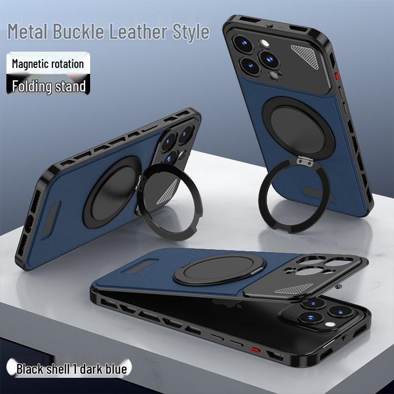 iPhone 16 Pro Max Aluminum Leather Buckle Case with Rotating Stand, Compatible with iPhone 15