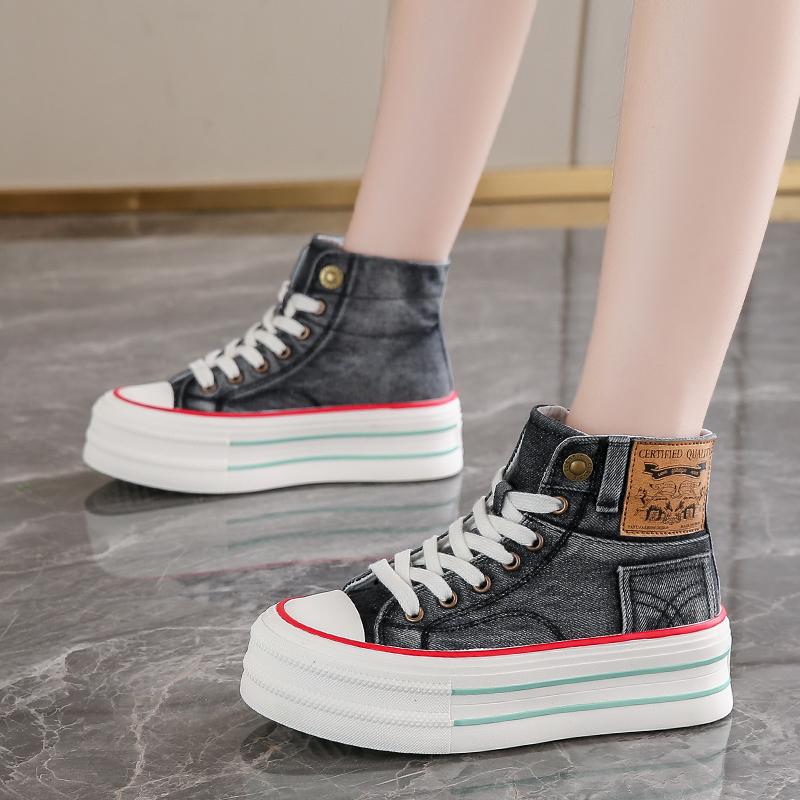 Jesienne Damskie Botki do Kostki 6cm Platforma Sneakersy Denim Buty Sportowe Skateboard Grube Damskie Casualowe Do Chodzenia Tenisówki 35-40