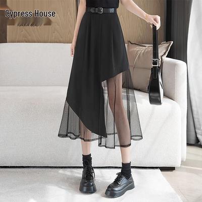 A-Line High-Waist Mesh Spliced Midi Skirt