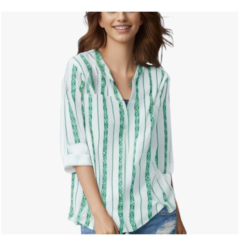 Women's Spring and Summer V-neck T-shirt Striped Printed Button-down Shirt Loose Long-sleeved Top