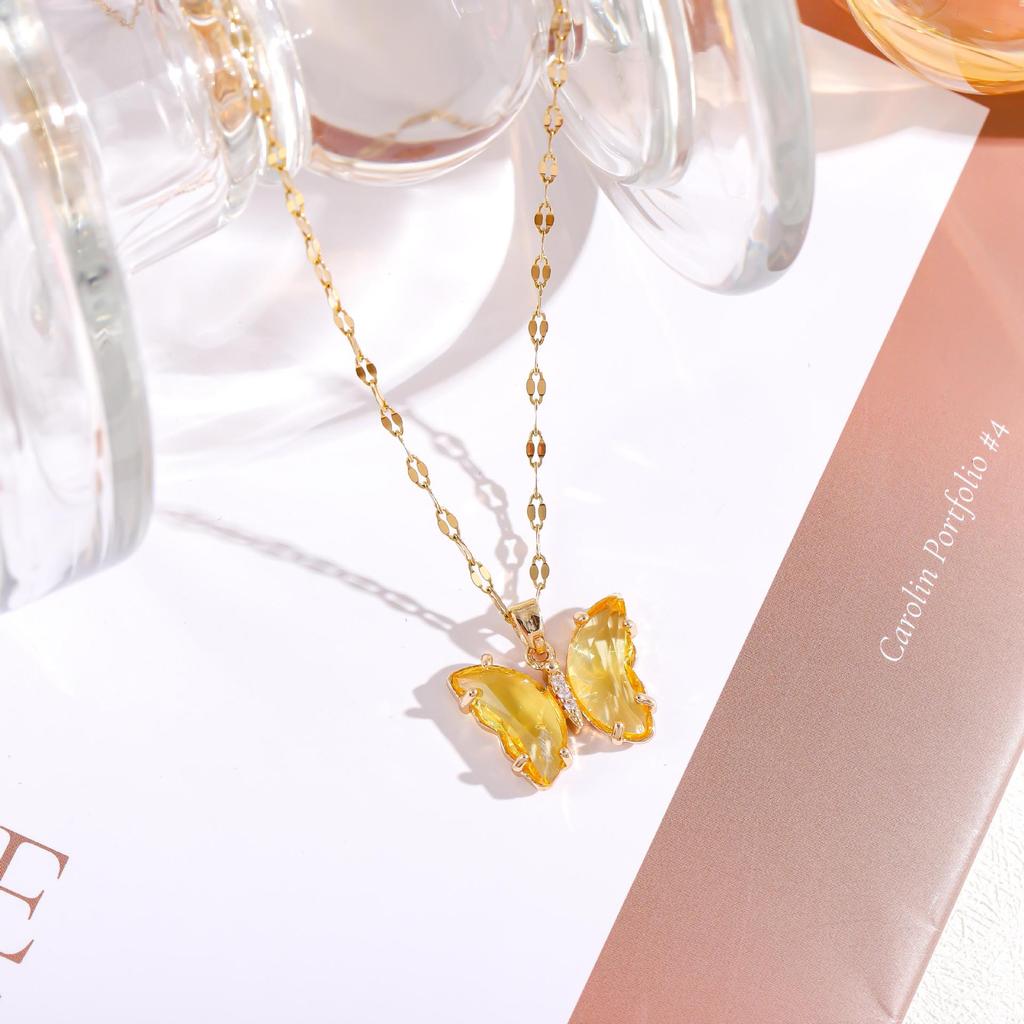 Iridescent Gradient Butterfly Necklace with Zirconia Rhinestones - Titanium Steel Clavicle Chain Pendant.