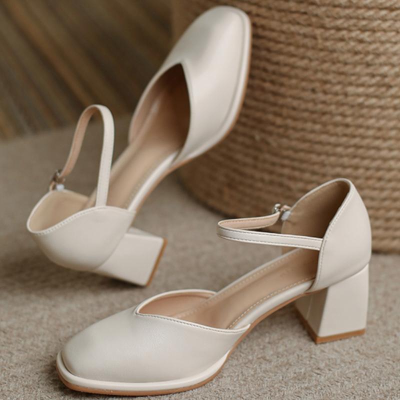 

Fashion New Fashionable Size Women s Shoes Mary Jane Shoes Square Toe Hollow Sandals Medium Heel Shoes 35 бежевый
