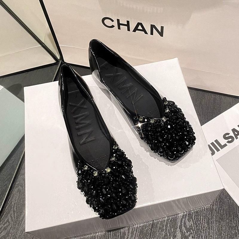 

Square head rhinestone shallow mouth single shoes women s new summer wedding shoes ladyshoes one pedal flat shoes Doudou shoes 40 чорний