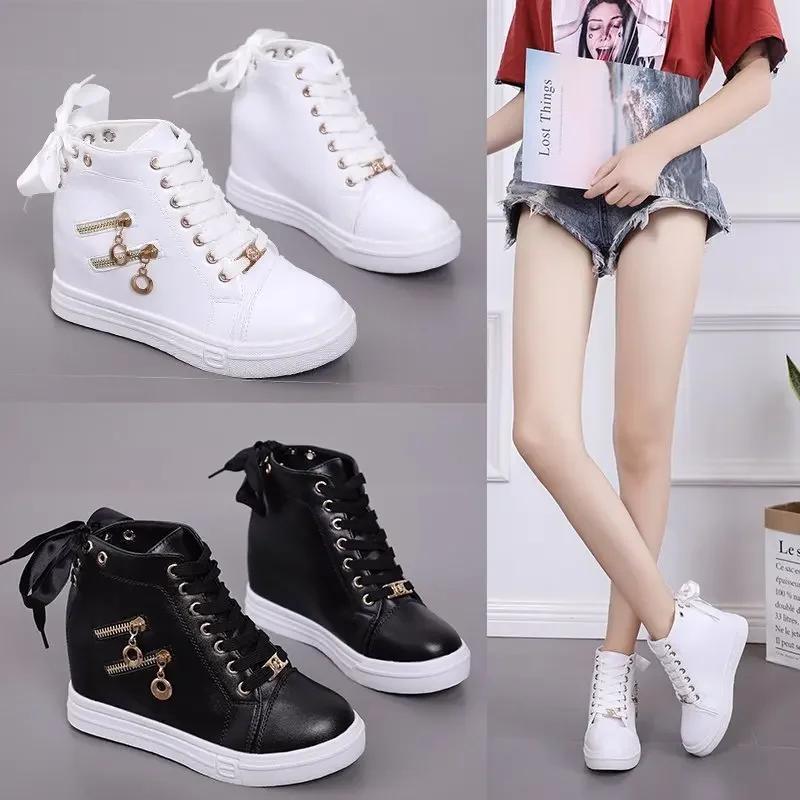 Fashion Women's Sneakers with Platform Wedge Heels Shoes for Woman Leather Casual Shoes White High Top Sneaker Lady Vulcanized Shoes