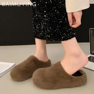 Platte Dames Katoen Bont Pantoffels Designer Muiltjes Schoenen 2025 Trend Winter Korte Pluche Sneeuwlaarzen Warm Knus Huis Zapatillas Dames