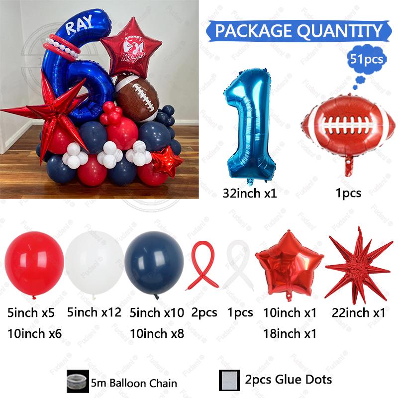 51Pcs Rugby Balloons 32inch Blue 1-9 Number Rugby Foil Balloon five-pointed star Globos Baby Shower Boy Birthday Party Decors