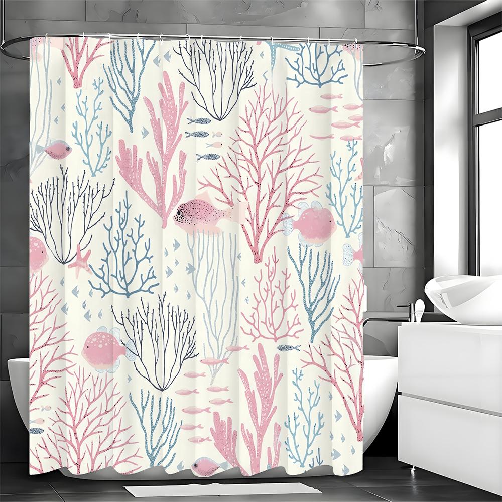 Small Fish Coral Pink Blue Shower Curtain, Bathroom Decorative Shower Curtain, Waterproof Shower Curtain with Hooks