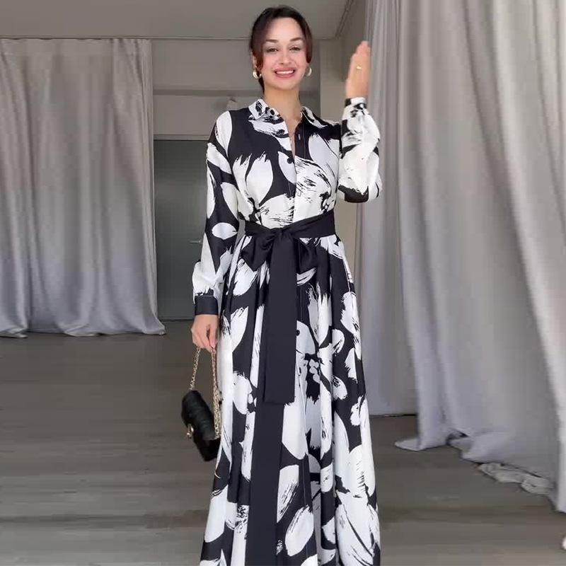 Podzim 2024 Dámské evropské a americké tištěné šaty s dlouhým rukávem, se šerpou a klopovým límcem