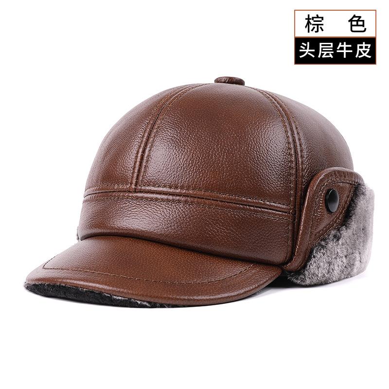 Men Genuine Cowhide Leather Winter Hat Thick Warm Trapper Cap with Ear Flaps Outdoor Windproof Baseball Bomber Hat for Elderly