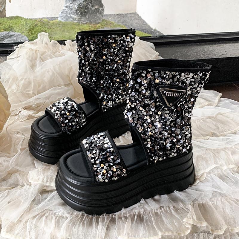 Sandale cu platformă înaltă de vară, pantofi sport cu pană, noi 2025, pentru femei, cu sclipici, șlapi de plajă, sandale casual cu platformă înaltă, respirabile