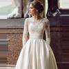 European and American New Wedding Dress Crew Neck Lace Long Sleeve Satin Thin Can Be Ordered Large Size