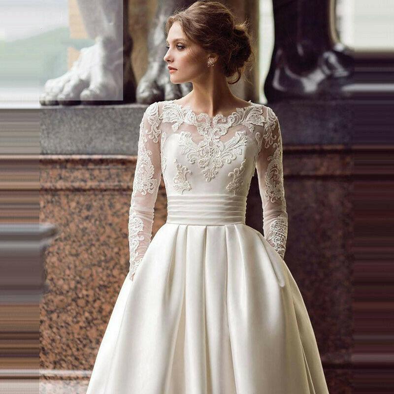 European and American New Wedding Dress Crew Neck Lace Long Sleeve Satin Thin Can Be Ordered Large Size