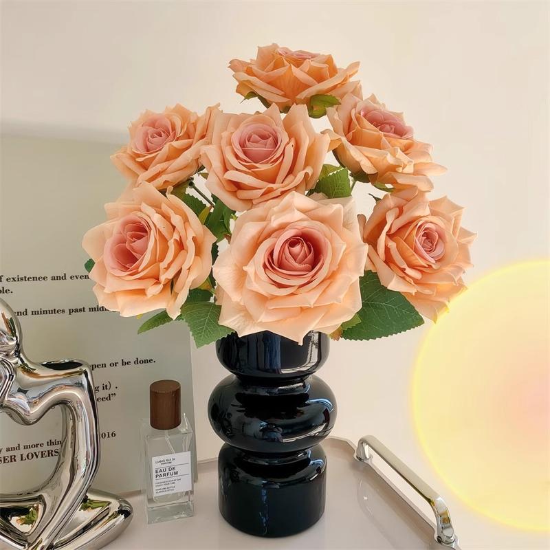 7-Head Embossed Cappuccino Rose Bouquet: Artificial Wedding Car Decoration with High-End Feel