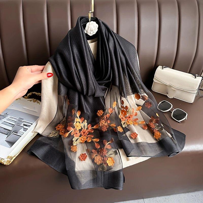 1 PCS Spring and Autumn New Nail Bead Silk Scarf Women's Elegant and Versatile Embroidered Begonia Flower Long Scarf Summer Scar