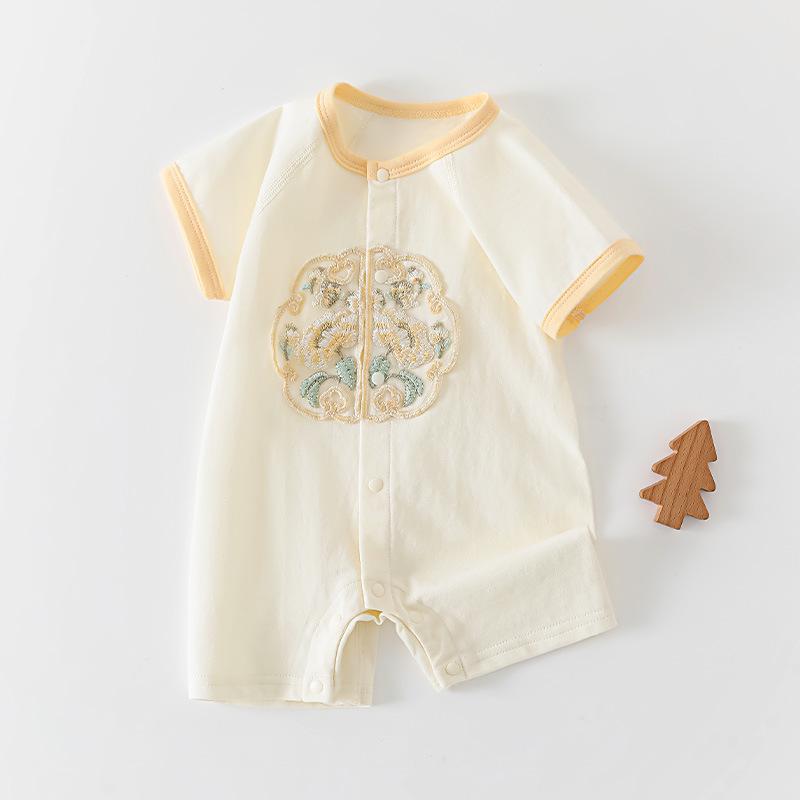 2025 Newborn Unisex Chinese Style Summer Cotton Short Sleeve Festive 100-Day Bodysuit 80 cm