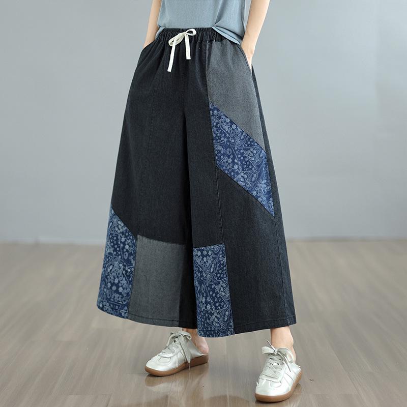 

Artistic Print Plus Size High-Waist Wide-Leg Crop Jeans for Women XL чорний