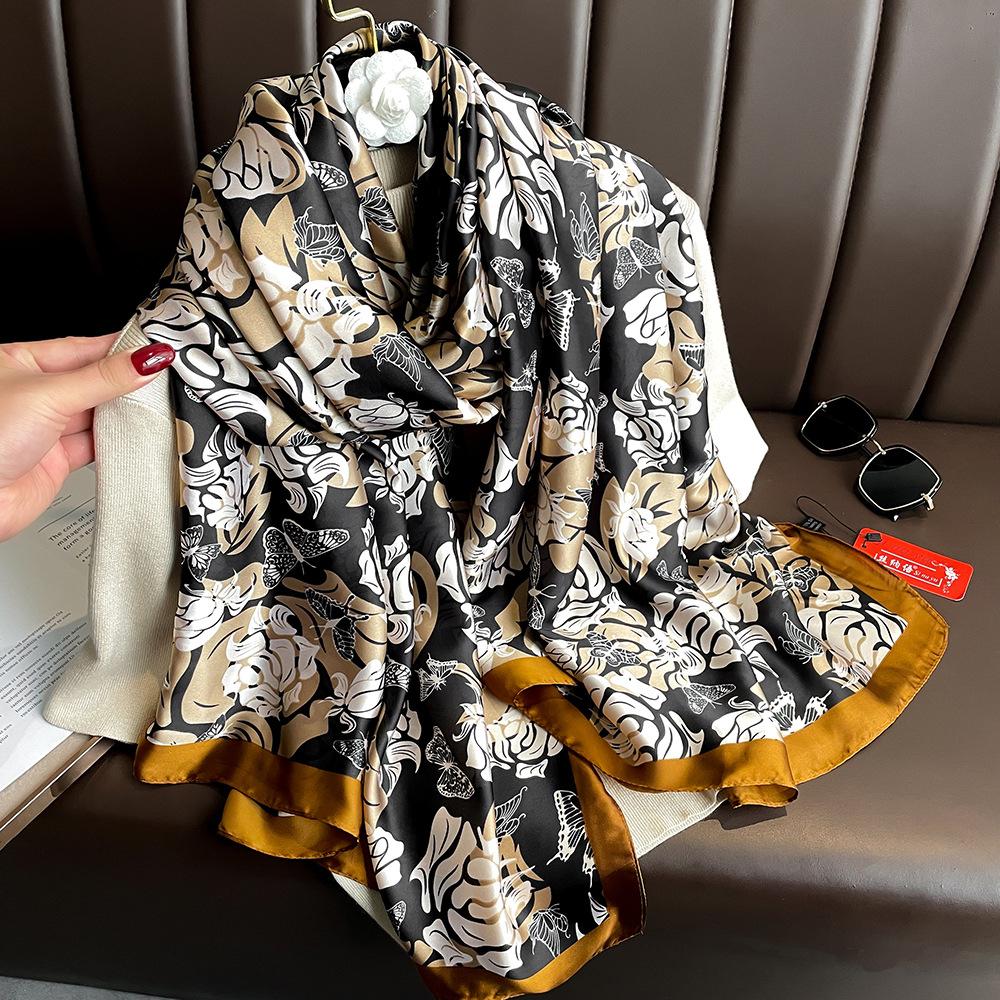 New silk scarf new silk satin printed shawl holiday fashion sunscreen long section simulation silk scarf