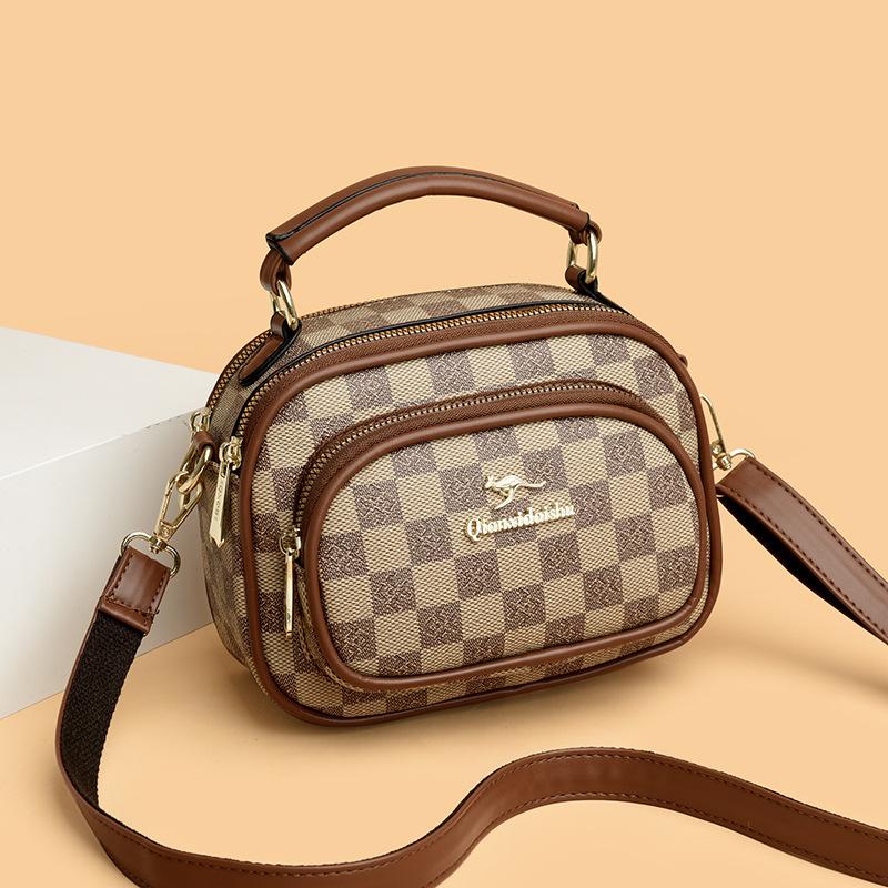 Checkerboard Summer Women's Bag  Crossbody Mobile Phone Bag  Fashionable Multi-layer Versatile Handbag  Middle-aged Mommy Bag
