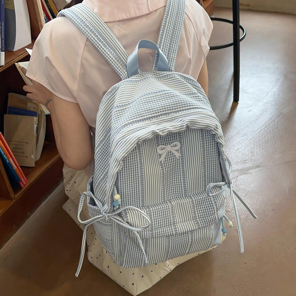 Schoolbag small fresh striped backpack women's 1011 new bow schoolbag students large capacity light travel backpack tide