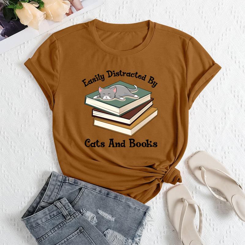 Summer Women's Fashionable Letter Cat Short Sleeved Casual Loose Cotton Round Neck Top