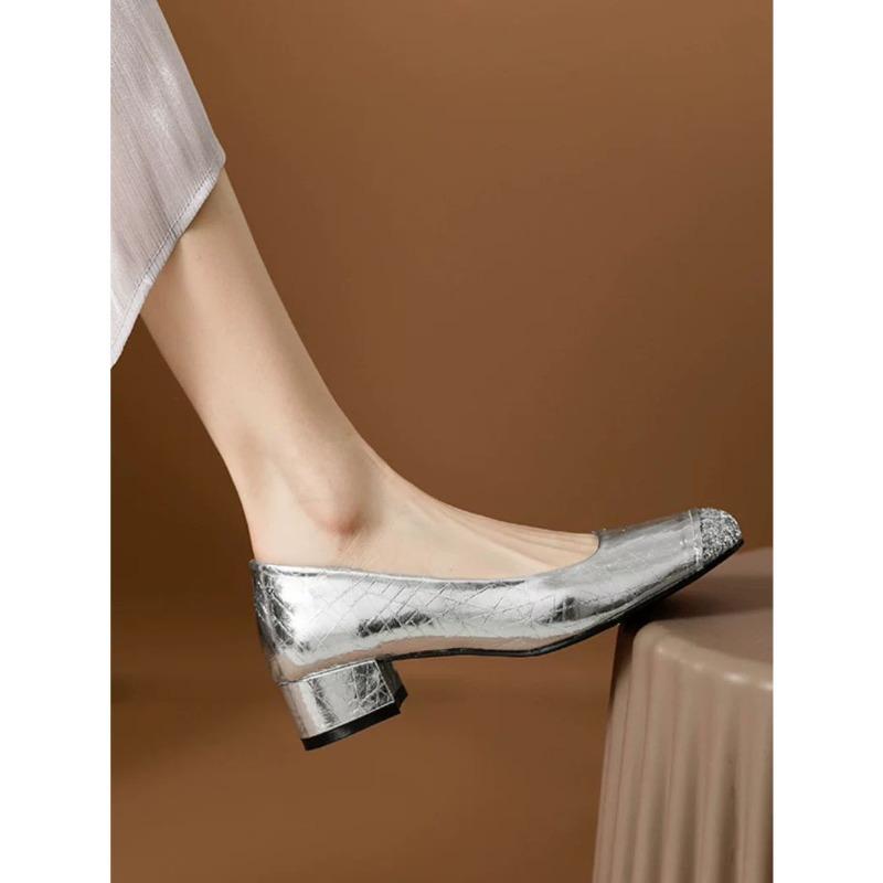 Low-heeled Silver Single Shoes Women's New Sequins Light-mouthed Square-headed Retro Ladyshoes Thick-heeled Four-season Shoes