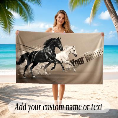 Toalla de Playa Secado Rápido Tema de Caballos Nombre Personalizado Impresión de Texto Toalla Grande Resistente a la Arena Vacaciones en la Playa