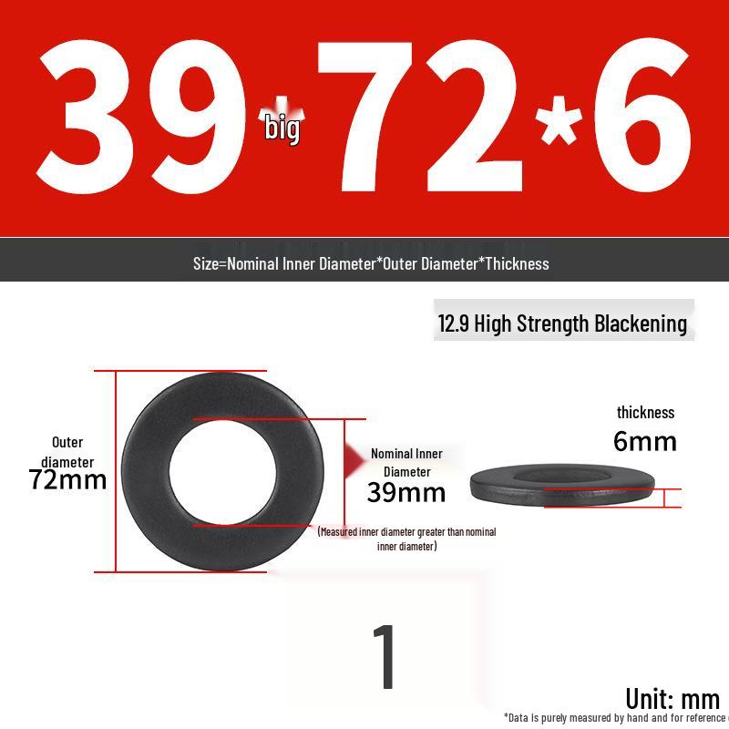 High-Strength Class 12.9 Flat Washer - Thickened & Widened, Sizes M6-M42