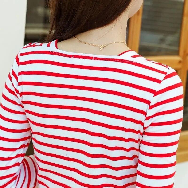 95 Cotton Long Sleeved Striped T-shirt Women's Fashion Spring Autumn New V-neck Bottoming Blouse