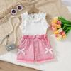 Baby Girls 2-Piece Outfit, Ribbed Ruffle Neck Top and Embellished Denim Shorts