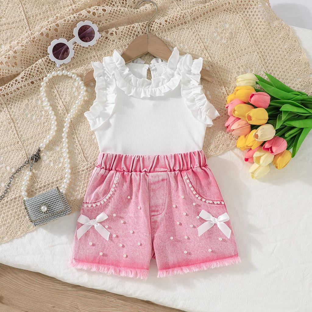 Baby Girls 2-Piece Outfit, Ribbed Ruffle Neck Top and Embellished Denim Shorts